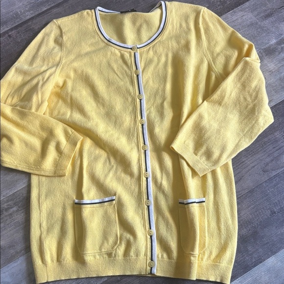 Talbots Cardigan Sweater Yellow Cotton Rayon Black White Trim - Picture 1 of 3